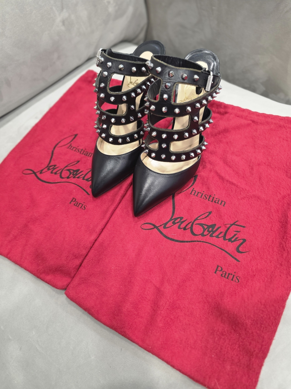 Christian Louboutin Black Studded Strappy Pointed-Toe Pumps